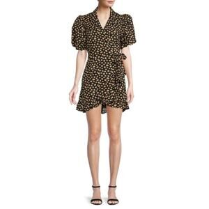 WeWoreWhat Women's Black Yellow Puff Sleeve Floral Wrap Mini Dress Size Medium